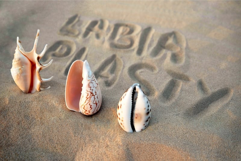 words labiaplasty drawn in sand near shells