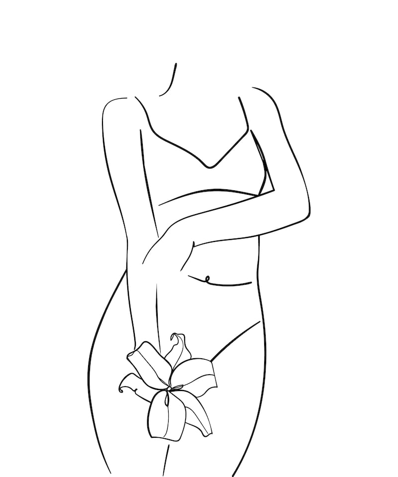 drawing of woman's figure with flower over her genital area.